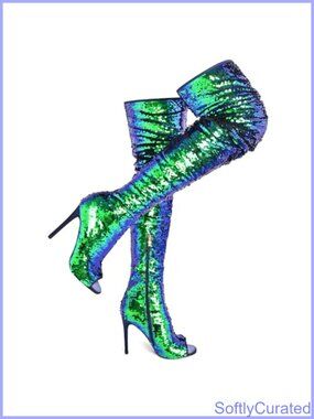 Women's Open Toe Sparkly Thigh High Boots Stiletto Heels Sequins